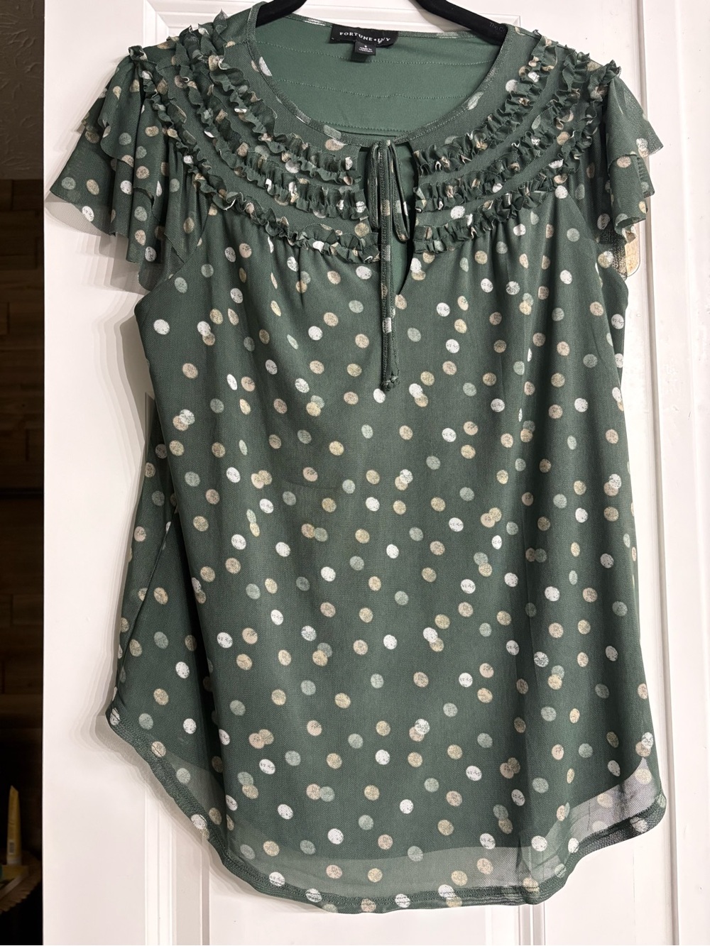 Worthington Sage Green Polka Dot Ruffle Yoke Blouse